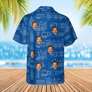 Blueprint Locomotive Train Hawaiian Shirt with custom faces, back view