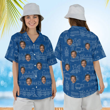 Woman wearing the Blueprint Locomotive Train Hawaiian Shirt with custom faces, front and back view