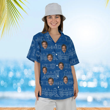 Woman wearing the Blueprint Locomotive Train Hawaiian Shirt with custom faces