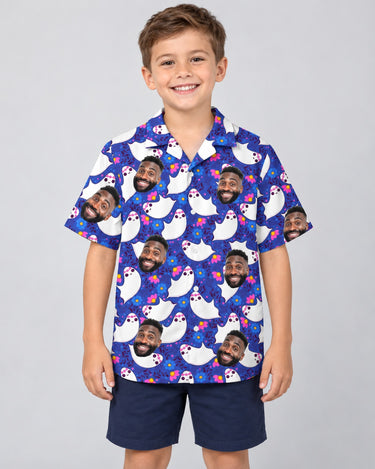 Boo Ghost Halloween Hawaiian shirt with printed faces, worn by a child
