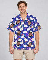 Boo Ghost Halloween Hawaiian shirt with printed faces, worn by a man