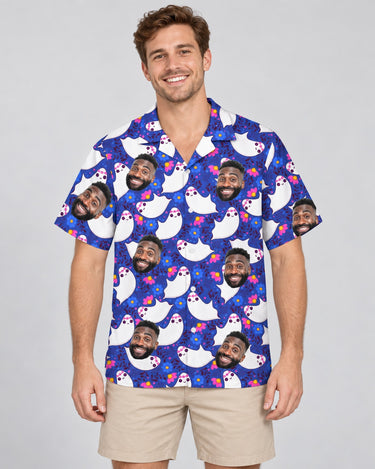 Boo Ghost Halloween Hawaiian shirt with printed faces, worn by a man