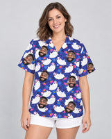 Boo Ghost Halloween Hawaiian shirt with printed faces, worn by a woman