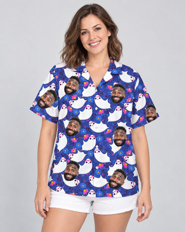 Boo Ghost Halloween Hawaiian shirt with printed faces, worn by a woman