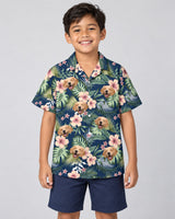 Botanical Tropical Florals Hawaiian shirt with printed faces, worn by a child