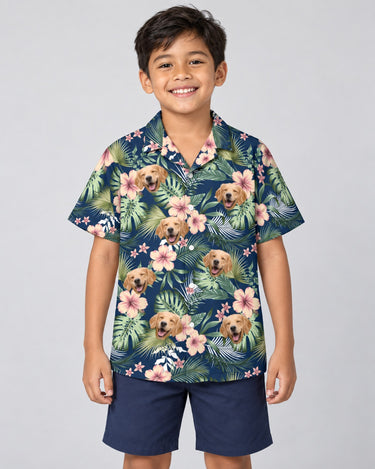 Botanical Tropical Florals Hawaiian shirt with printed faces, worn by a child