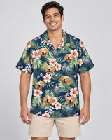 Botanical Tropical Florals Hawaiian shirt with printed faces, worn by a man