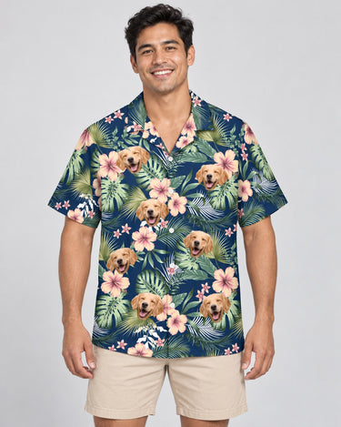 Botanical Tropical Florals Hawaiian shirt with printed faces, worn by a man