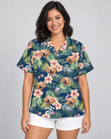 Botanical Tropical Florals Hawaiian shirt with printed faces, worn by a woman