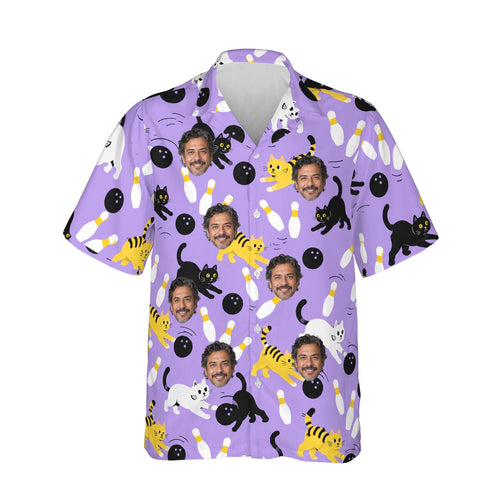 Bowling Cats Hawaiian Bowling Shirt personalized with printed faces, front view