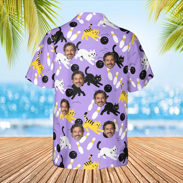 Bowling Cats Hawaiian Bowling Shirt with custom faces, back view