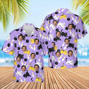 Bowling Cats Hawaiian Bowling Shirt with custom faces, front and back
