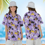 Woman wearing the Bowling Cats Hawaiian Bowling Shirt with custom faces, front and back view