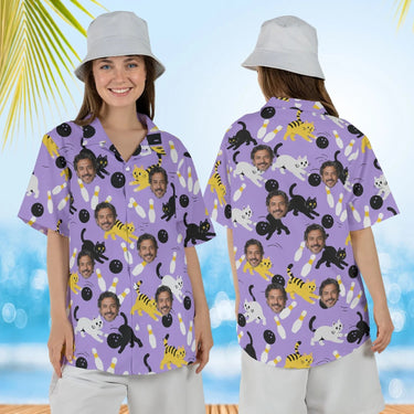 Woman wearing the Bowling Cats Hawaiian Bowling Shirt with custom faces, front and back view