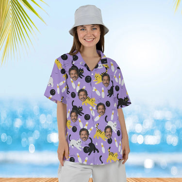 Woman wearing the Bowling Cats Hawaiian Bowling Shirt with custom faces