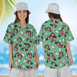 Woman wearing the Bowling Shoes Hawaiian Bowling Shirt with custom faces, front and back view