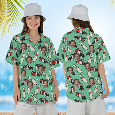Woman wearing the Bowling Shoes Hawaiian Bowling Shirt with custom faces, front and back view