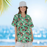 Woman wearing the Bowling Shoes Hawaiian Bowling Shirt with custom faces