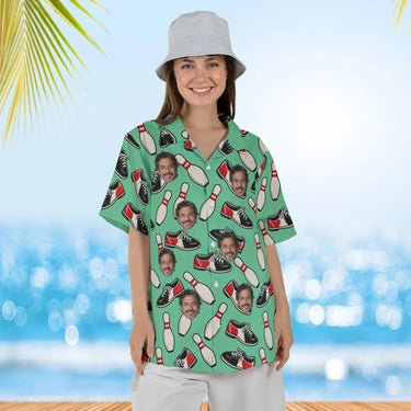 Woman wearing the Bowling Shoes Hawaiian Bowling Shirt with custom faces
