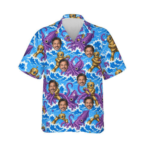 Brass Robot vs Squid Kaiju Hawaiian Shirt personalized with printed faces, front view