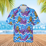 Brass Robot vs Squid Kaiju Hawaiian Shirt print before personalizing, front view
