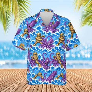 Brass Robot vs Squid Kaiju Hawaiian Shirt print before personalizing, front view