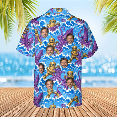 Brass Robot vs Squid Kaiju Hawaiian Shirt with custom faces, back view