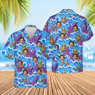 Brass Robot vs Squid Kaiju Hawaiian Shirt with custom faces, front and back