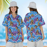 Woman wearing the Brass Robot vs Squid Kaiju Hawaiian Shirt with custom faces, front and back view