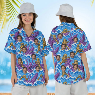 Woman wearing the Brass Robot vs Squid Kaiju Hawaiian Shirt with custom faces, front and back view