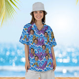 Woman wearing the Brass Robot vs Squid Kaiju Hawaiian Shirt with custom faces
