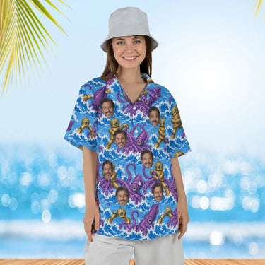 Woman wearing the Brass Robot vs Squid Kaiju Hawaiian Shirt with custom faces