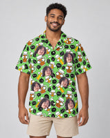 Brew Buddies Hawaiian shirt with printed faces, worn by a man