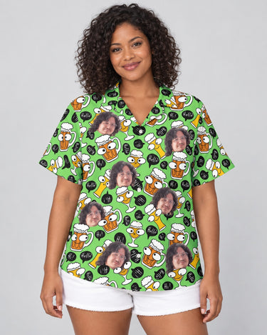 Brew Buddies Hawaiian shirt with printed faces, worn by a woman