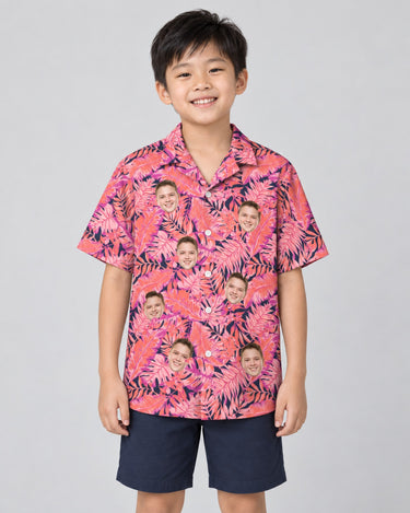 Bright Colorful Tropical Florals Hawaiian shirt with printed faces, worn by a child