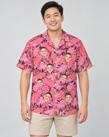 Bright Colorful Tropical Florals Hawaiian shirt with printed faces, worn by a man