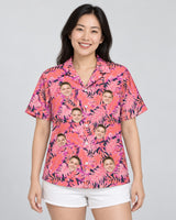 Bright Colorful Tropical Florals Hawaiian shirt with printed faces, worn by a woman