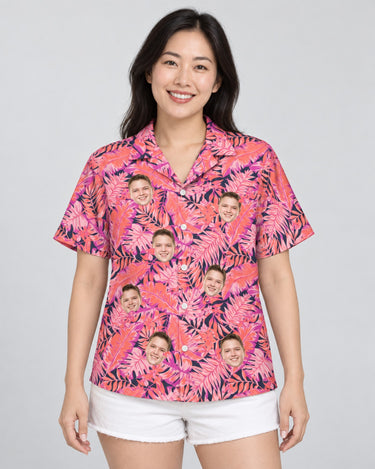 Bright Colorful Tropical Florals Hawaiian shirt with printed faces, worn by a woman