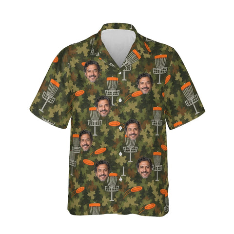 Camo Disc Golf Hawaiian Shirt personalized with printed faces, front view