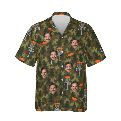 Camo Disc Golf Hawaiian Shirt personalized with printed faces, front view