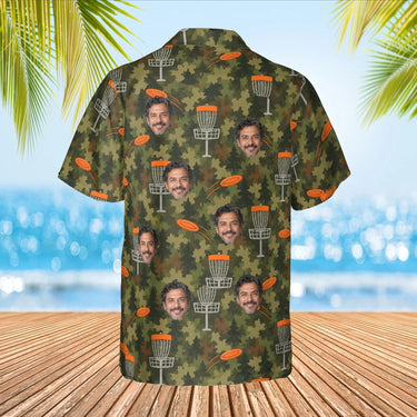 Camo Disc Golf Hawaiian Shirt with custom faces, back view