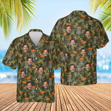 Camo Disc Golf Hawaiian Shirt with custom faces, front and back