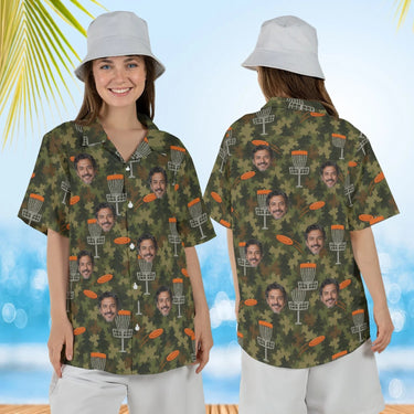 Woman wearing the Camo Disc Golf Hawaiian Shirt with custom faces, front and back view