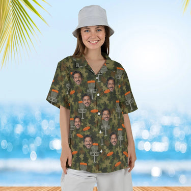 Woman wearing the Camo Disc Golf Hawaiian Shirt with custom faces