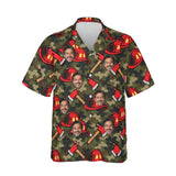Camo Firefighter Hawaiian Shirt personalized with printed faces, front view