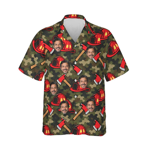 Camo Firefighter Hawaiian Shirt personalized with printed faces, front view