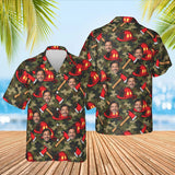 Camo Firefighter Hawaiian Shirt with custom faces, front and back