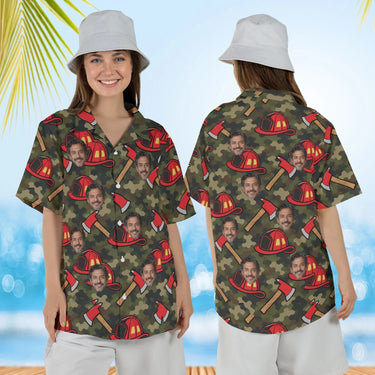 Woman wearing the Camo Firefighter Hawaiian Shirt with custom faces, front and back view