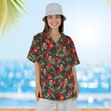Woman wearing the Camo Firefighter Hawaiian Shirt with custom faces