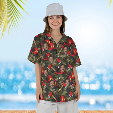Woman wearing the Camo Firefighter Hawaiian Shirt with custom faces